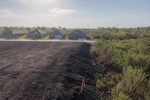 Half-cleared subdivision lot with smooth dark clay on one side and standing tallow scrub on the other, survey stakes flagged pink